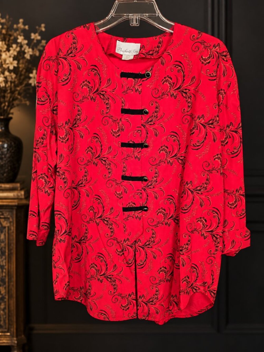 Pride & Joy Red Baroque Floral Printed Button-Front Romantic Goth Vamp Top